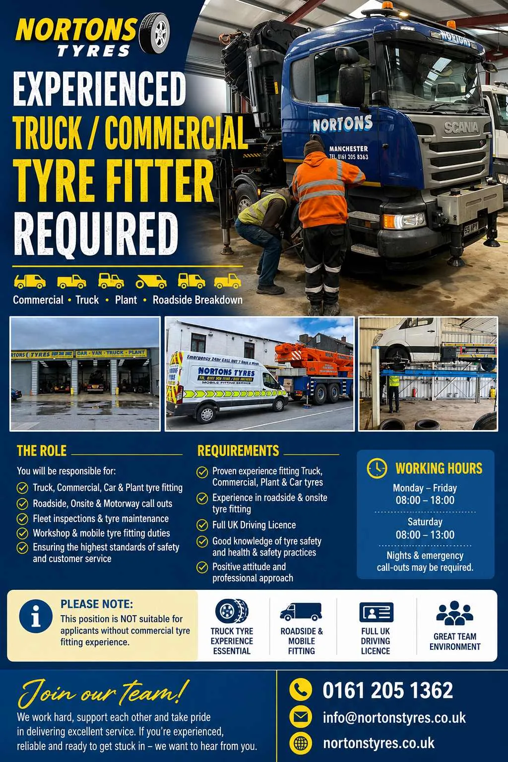 Nortons Tyres job advert for an experienced truck and commercial tyre fitter in Manchester