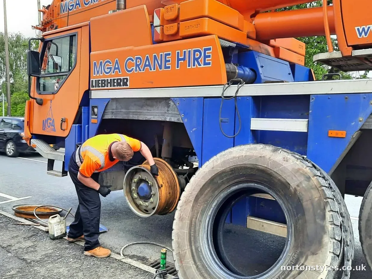 Fitter changing a mobile crane tyre at the kerbside, close view Fitter changing a mobile crane tyre at the kerbside, close view