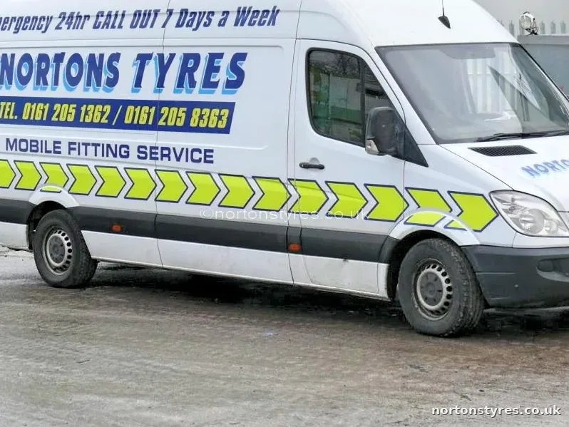 Nortons Tyres mobile fitting van in the yard, close view Nortons Tyres mobile fitting van in the yard, close view