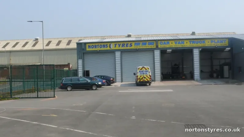 Nortons Tyres yard and building, close view Nortons Tyres yard and building, close view